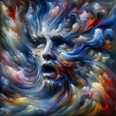 The primary subject of the image is a close-up of a person's face, with a mouth open and eyes wide open. The setting is a cloudy sky, which serves as the backdrop for the face. The visual style is a combination of digital art and illustration, creating a surreal and dramatic atmosphere. The colors are predominantly blue and red, with the blue sky and red mouth, adding to the intensity of the scene.